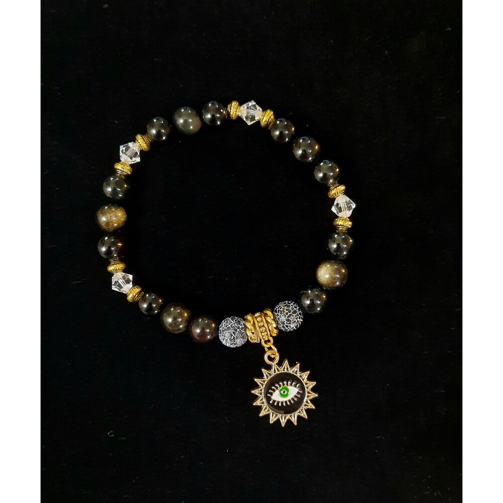 Silver Sheen Obsidian/ Black Agate Evil Eye Stretch Bracelet
